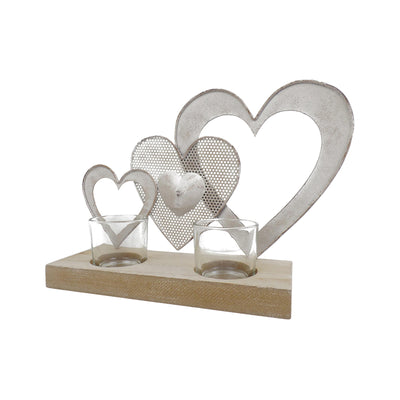 Triple Hearts with 2 Tealight Candle Holders on Base