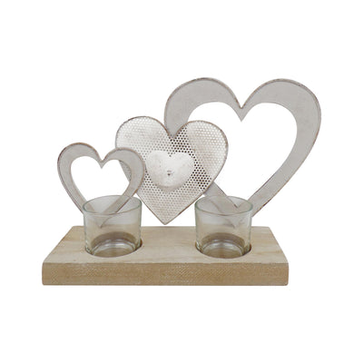 Triple Hearts with 2 Tealight Candle Holders on Base