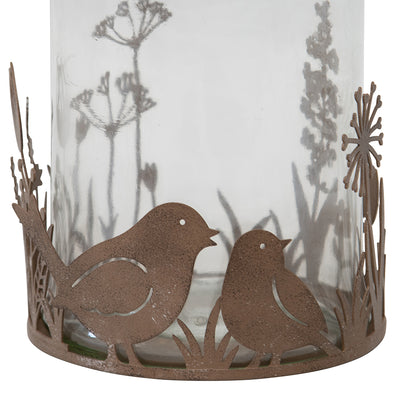 Set of 2 Glass Candle Holders in Low Rust Base with Birds