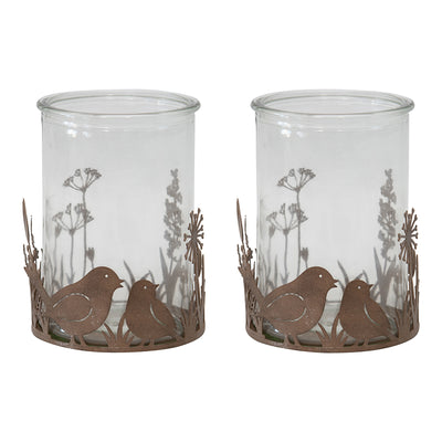 Set of 2 Glass Candle Holders in Low Rust Base with Birds