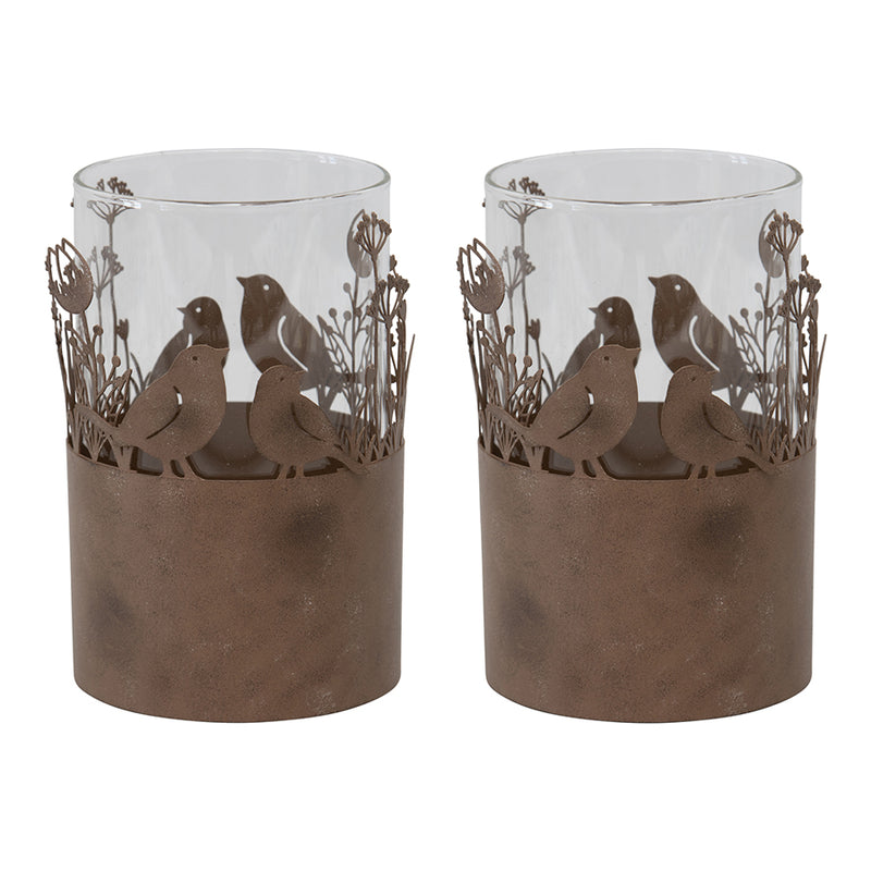 Set of 2 Glass Pillar Candleholders in Stilted Rust Base with Birds