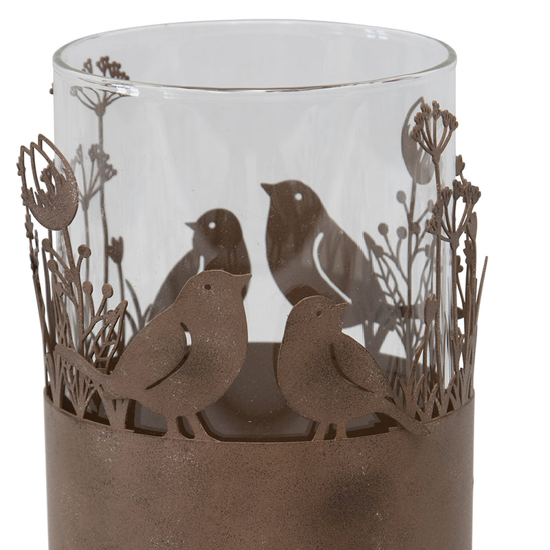 Set of 2 Glass Pillar Candleholders in Stilted Rust Base with Birds