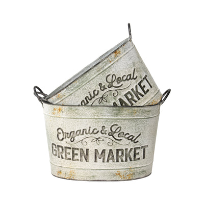 Set of Two Nested Oval ‘Organic Market’ Planter Storage Buckets