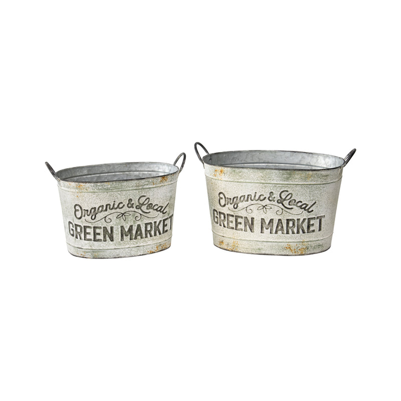 Set of Two Nested Oval ‘Organic Market’ Planter Storage Buckets