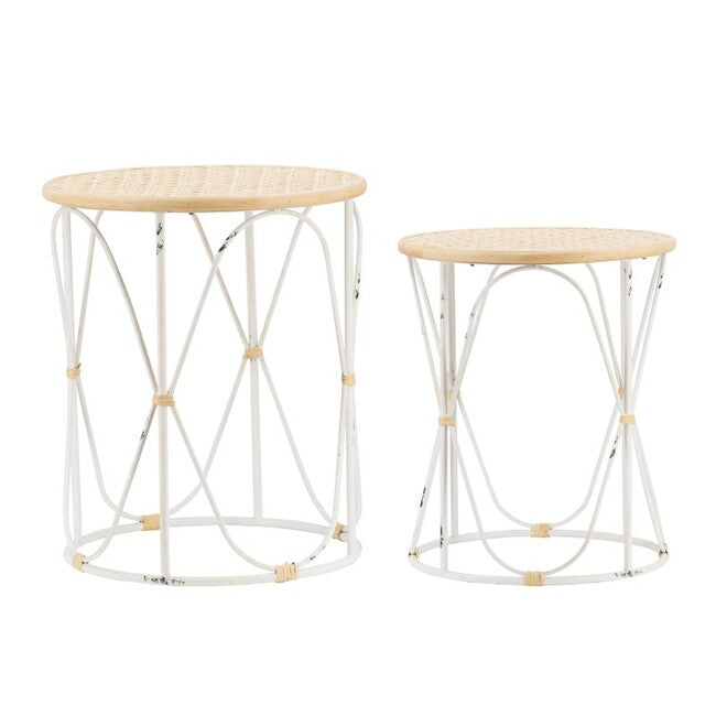 Set of Two Bamboo Weave and Iron Side Tables