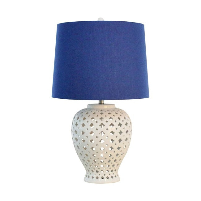 Lattice Tall White Table Lamp with Blue Shade