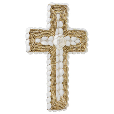 Handcrafted Shell & Narrow Weave Border Wall Hanging Cross