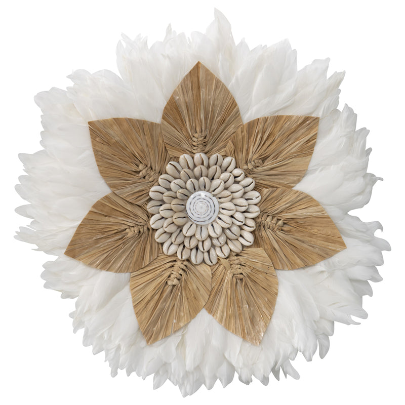Handcrafted Round Hanging Feather & Shell Flower Wall Art