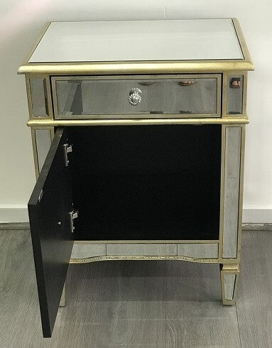 Mirrored Antique Bedside Cabinet with One Door and One Drawer