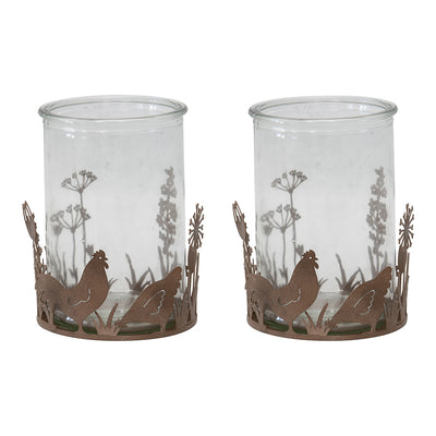 Set of 2 Glass Candle Holders in Low Rust Base with Chooks
