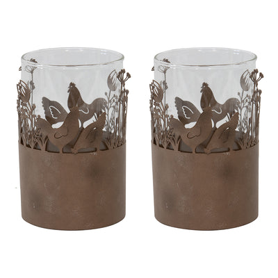 Set of 2 Glass Pillar Candleholders in Stilted Rust Base with Chooks