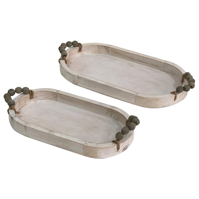 Set of 2 Nested Whitewash Oval Trays with Handles