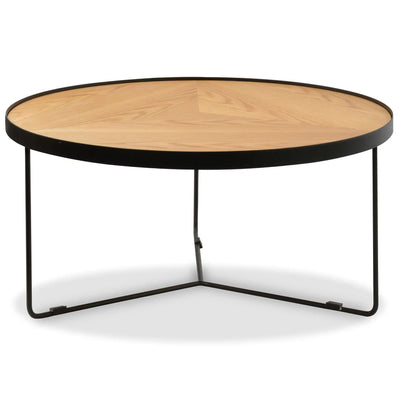 Round Coffee Table with Wooden Top and Black Frame