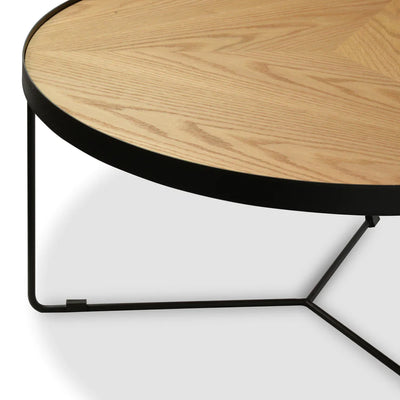 Round Coffee Table with Wooden Top and Black Frame
