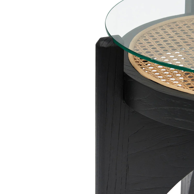 Round Glass Top with Rattan Woven Side Table