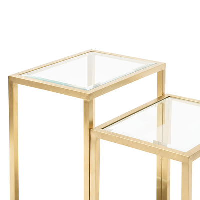 Set of Two Squared Glass Side Table with Brushed Gold Base
