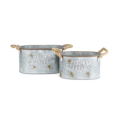 Set of 2 Nested Farmers Market Galvanised-Rust Oval Planters Holders