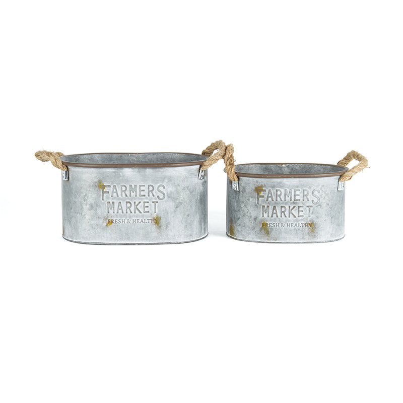 Set of 2 Nested Farmers Market Galvanised-Rust Oval Planters Holders