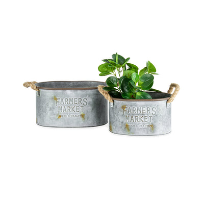 Set of 2 Nested Farmers Market Galvanised-Rust Oval Planters Holders