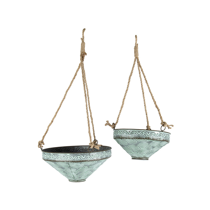 Set of 2 Nested Pressed Metal Galvanized-Rust with Whitewash Hanging Planters