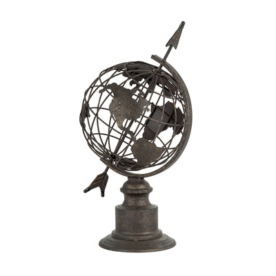 Distressed Metal World Globe with Arrow