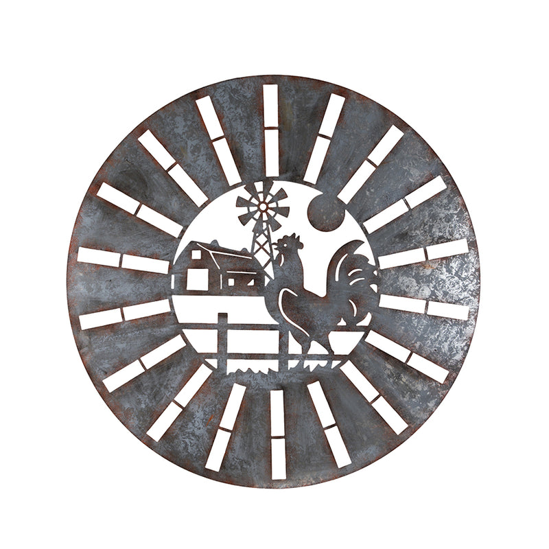 Galvanised with Rust Rooster Round Wall Art
