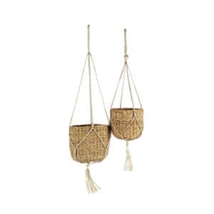 Set of 2 Nested Woven Hanging Planters with Tassel & Beads