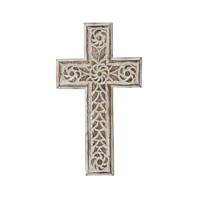 Hand-carved Cross with Flowers Wall-Art