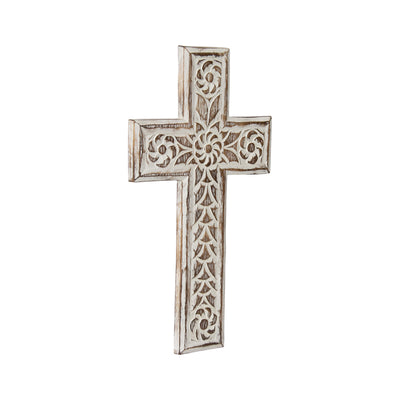 Hand-carved Cross with Flowers Wall-Art