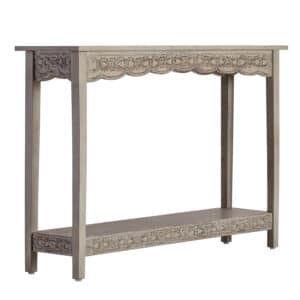 Greywashed Wood-Carved Console Table with Shelf