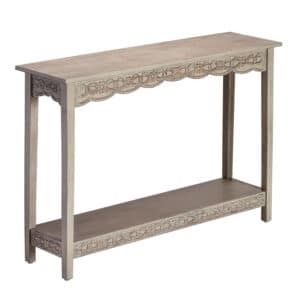 Greywashed Wood-Carved Console Table with Shelf
