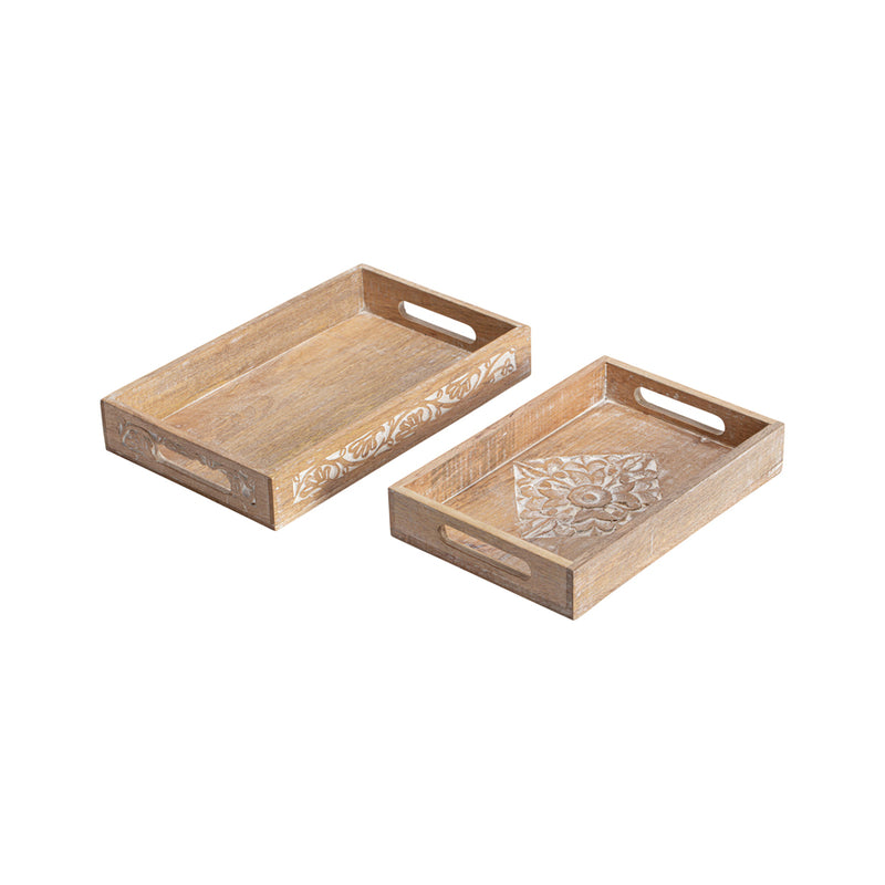 Set of 2 Nested Handcrafted Mango Wood Carved Trays