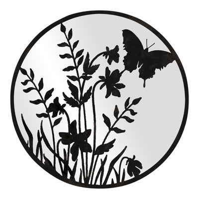 Round Black Mirror Wall Art with Butterfly and Flower Detail