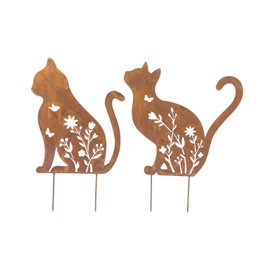 Set of Two Assorted Rust Laser-cut Sitting Cat Garden Stakes