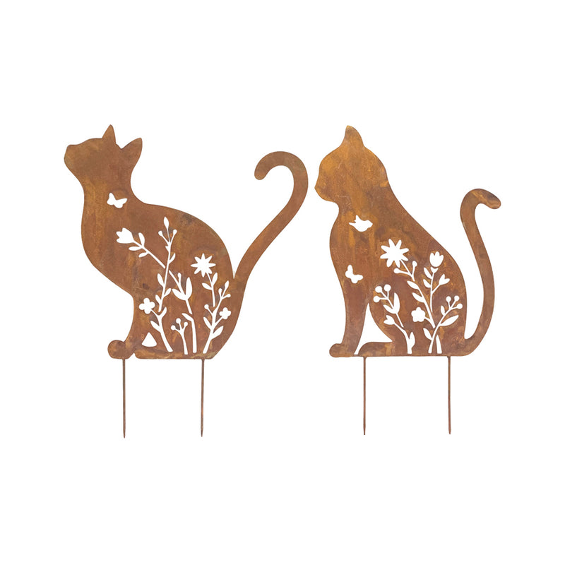 Set of Two Assorted Rust Laser-cut Sitting Cat Garden Stakes