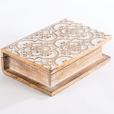 Whitewashed Wood Carved ‘Book’ Box