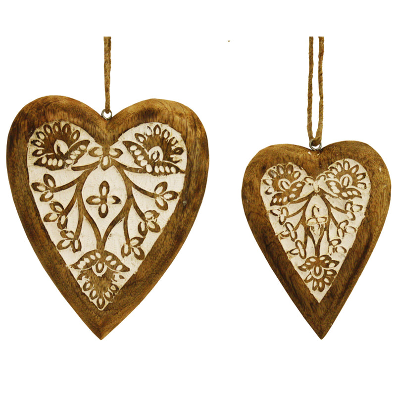 Set of 2 Nested Mango Wood Carved Hanging Hearts