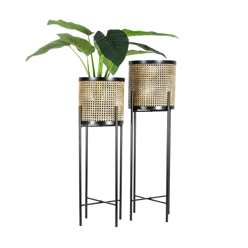 Set of 2 Nested Rattan-Look with Black Stilted Planters