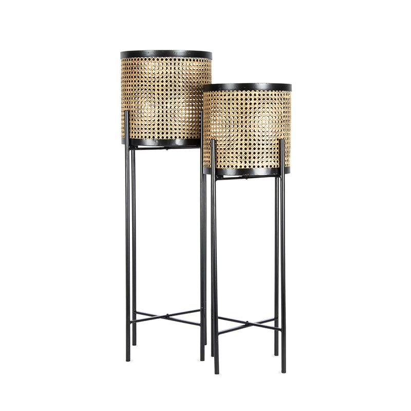 Set of 2 Nested Rattan-Look with Black Stilted Planters
