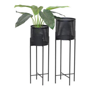 Set of 2 Nested Black Weave-Look Stilted Planters