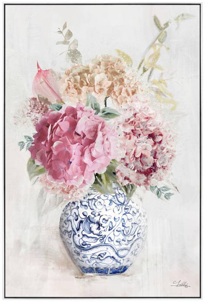 Pink Flower Arrangement in Blue Vase Wall Art Canvas