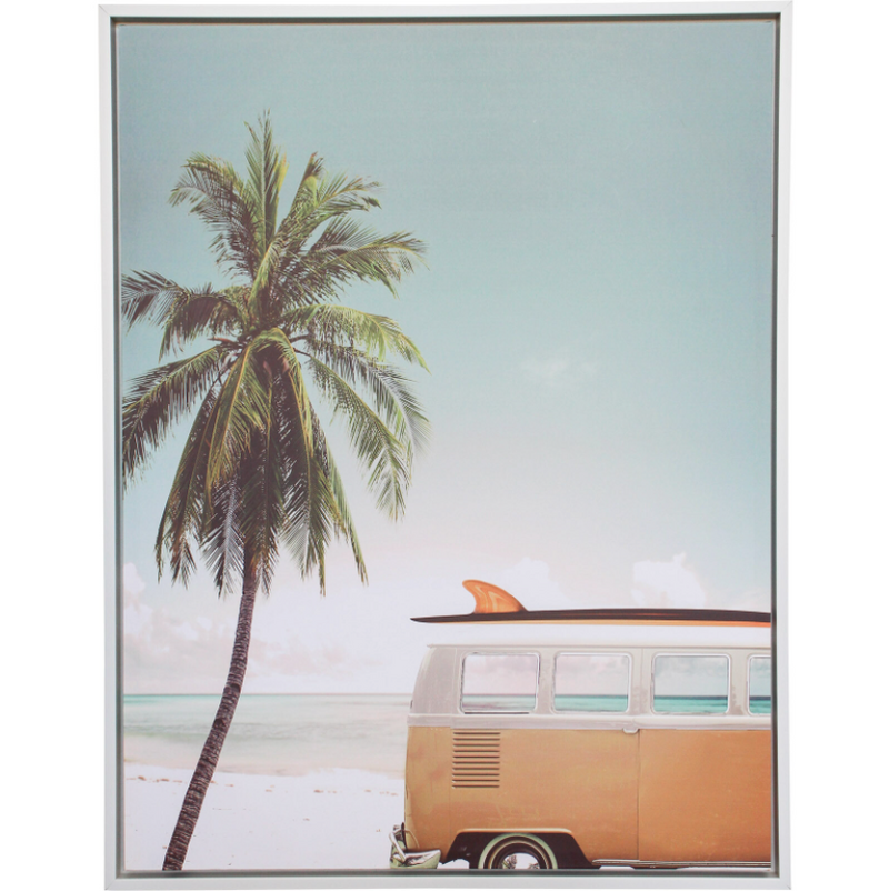 Sunny Beach Palm Tree Vintage Van Framed Canvas
